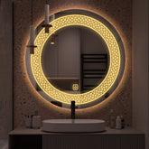 Classic Pattern Design Art Led Rounded Shape Bathroom Wall Mirror